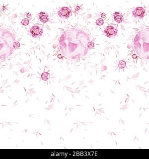 Motif fleuri sans couture. Fleur de printemps. Pivoines roses feuilles luxuriantes. Baiser couple. Décoration de mariage. Aquarelle. Qualité d'impression. Fond blanc Banque D'Images