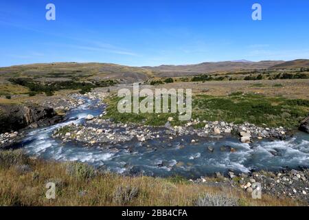 La vallée du fleuve Rio Ascencio, le parc national de Torres de Paine, la région de Magallanes, la Patagonie, le Chili, l'Amérique du Sud Banque D'Images