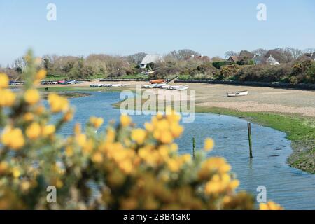 Snowhill Creek à mi-marée devant les maisons de front de mer désirables sur Roman Landing, West Wittering, Chichester, West Sussex, Angleterre, Royaume-Uni Banque D'Images