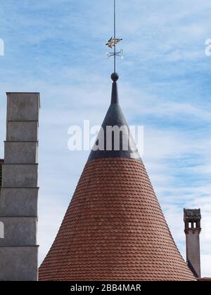 Gros plan sur la tour conique médiévale avec de magnifiques tuiles de toit et une girouette du château de Grandson en Suisse. Banque D'Images