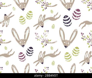 Fond vectoriel sans couture pour Pâques. Motif avec lapin de Pâques, brindilles et eastereggs fleuris. Illustration de Vecteur