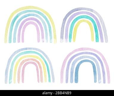 Jeu de clipart arc-en-ciel couleur pastel peint à la main en aquarelle. Illustration enfants. Motifs douche bébé. Papier numérique cotouful. Banque D'Images