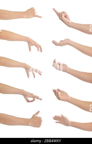 Collection de mains humaines dans plusieurs gestes isolés sur fond blanc avec chemin de découpe. Banque D'Images