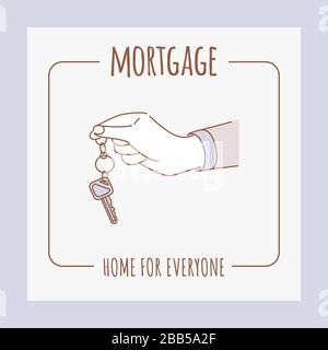 Prêt hypothécaire, maison pour tout le monde vecteur modèle de bannière avec l'espace texte. Illustration du contour de bande dessinée des touches de maintien des mains. Location de logements, concept de conception d'affiches d'entreprises immobilières. Illustration de Vecteur