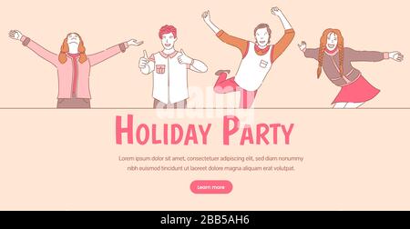 Modèle de bannière vectorielle Holiday Party avec espace texte. Les jeunes hommes et femmes heureux ont décrit les personnages de dessins animés dansant, appréciant, montrant des pouces vers le haut et debout avec des bras ouverts pour embrasser. Illustration de Vecteur