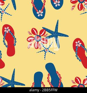 Arrière-plan à motif vectoriel transparent pour chaussures à bascule. Sandales élégantes, étoiles de mer, coquille de cowrie toile de fond. Plage rouge, bleue, jaune. L'été chaud partout Illustration de Vecteur