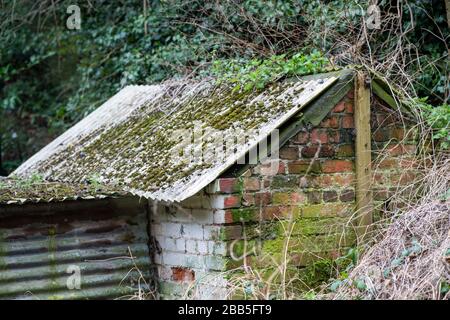 Les anciens explosifs sont stockés dans une ancienne carrière qui tombe et surgrandi avec des mauvaises herbes et de la végétation. Banque D'Images