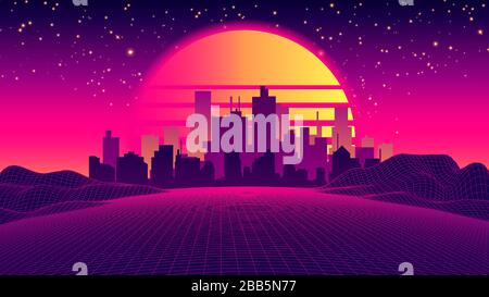 SCI-fi Vector Background, Night City Skyline dans The style of Retro Waves, Synth 80 Design. Futuriste Vector Illustration style géométrique, Tropical Night Retro 80 Fashion Sci-Fi Background Landscape Illustration de Vecteur