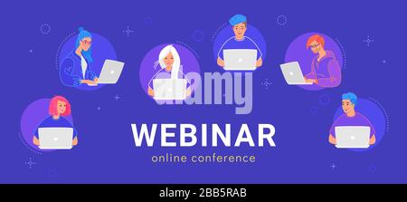 Conférence en ligne du webinaire. Concept illustration vectorielle plate de jeunes adolescents divers utilisant un ordinateur portable pour l'apprentissage à distance et le travail en ligne. Groupe de y Illustration de Vecteur