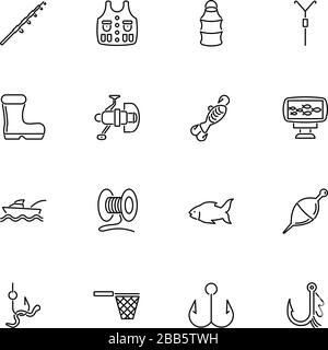 Equipement de pêche, icônes de contour d'activité définies - symbole noir sur fond blanc. Équipement de pêche symbole d'illustration simple - panneau de simplicité doublé Illustration de Vecteur