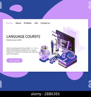 Cours de langue. Améliorer les compétences, l'éducation en ligne. Lecture et discours étrangers à distance, cours d'anglais mockup page Web Illustration de Vecteur