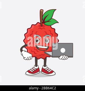 Une illustration du personnage de mascotte de dessin animé sur les fruits de Lychee qui travaille avec un ordinateur portable Banque D'Images