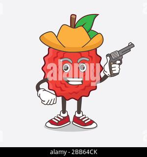 Une illustration du personnage de mascotte de dessin animé sur les fruits de Lychee tenant le fusil Banque D'Images