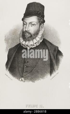 Philippe II (1527-1598). Roi d'Espagne (1556-1598). Portrait. Illustration de Salcedo. Lithographie. Cronica général de España, Historia ilustrada y Descriptiva de sus Provincias. Aragon, 1866. Banque D'Images