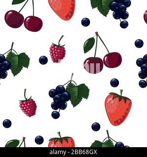 Fruits biologiques juteux naturels délicieux modèle sans couture avec bleuets, cassis, framboises, fraises, cerises, illustrati de couleur vectorielle Illustration de Vecteur