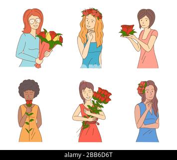 Ensemble de belles femmes souriantes avec des roses. Les jeunes femmes heureux dans des robes tenant des fleurs fraîches vecteur dessin de dessin animé. Fleuriste, fête des fleurs, concept de design de jour pour femme. Illustration de Vecteur