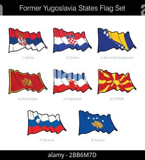 Les États de l'ex-Yougoslavie agitant l'ensemble des drapeaux. L'ensemble comprend les drapeaux de la Croatie, de la Serbie, de la Slovénie, de l'ARYM, du Monténégro, de la Bosnie-Herzégovine et du Kosovo. V Illustration de Vecteur