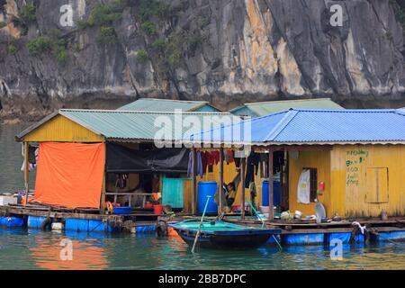 Village flottant à Halong Bay, Vietnam, Asie Banque D'Images