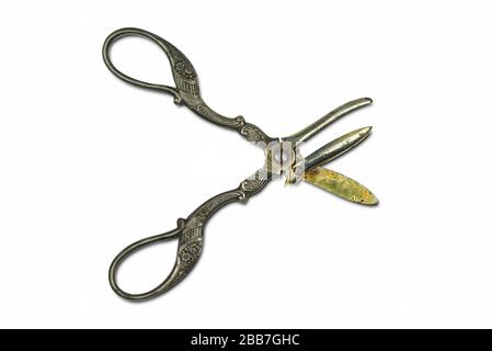 les vieux ciseaux de collection sont coupés sur fond blanc Banque D'Images