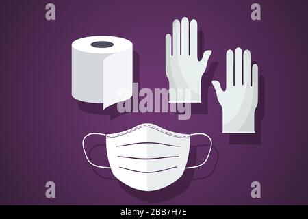 papier toilette, gants médicaux en caoutchouc, masque de protection de la bouche Banque D'Images