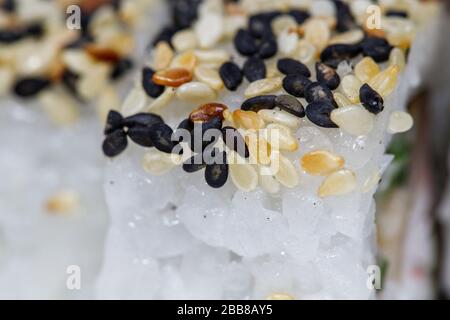 Graines de sésame sur riz, gros plan. Rouleaux. Banque D'Images