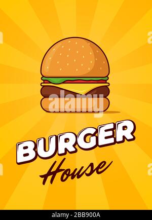 Affiche publicitaire de repas rapide de Burger House avec des rayons et inscription. Modèle de bannière promotionnelle pour hamburger ou cheeseburger délicieux. Illustration Vector eps pour le menu du restaurant Illustration de Vecteur