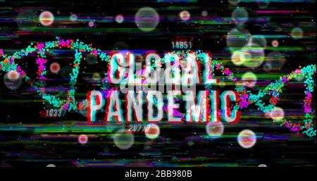 Covid-19 pandémie mondiale avec augmentation du nombre. Alerte épidémique avec cellules et hélice d'adn en arrière-plan et effet de bruit de glitch. illustrati de rendu tridimensionnel Banque D'Images
