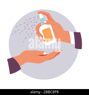 Mesures préventives contre l'infection du coronavirus, utilisation de l'assainisseur pour les mains Illustration de Vecteur