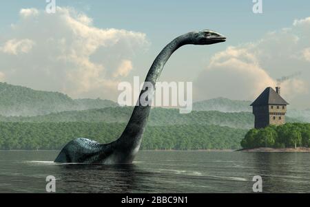 Nessie, le célèbre monstre du lac du Loch Ness en Écosse, se réarque des eaux du lac. Un château se trouve sur les rives derrière. Rendu 3D Banque D'Images