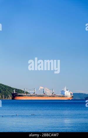 Le cargo, Great Fluency, est à l'ancre dans la Manche satellite près de Cowichan Bay, en Colombie-Britannique. Mt. Baker dans l'État de Washington est en arrière-plan. Banque D'Images