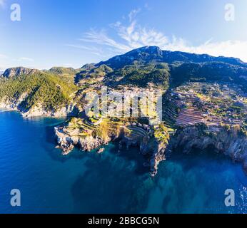 Banyalbufar, Punta de na Frenanda, Serra de Tramuntana, vue aérienne, Majorque, Iles Baléares, Espagne Banque D'Images