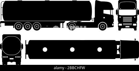 Silhouette de camion-citerne sur fond blanc. Les icônes du véhicule définissent la vue du côté, de l'avant, de l'arrière et du haut Illustration de Vecteur