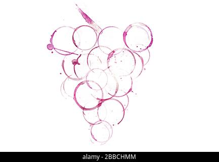 Les taches des verres à vin forment la forme d'une bande de raisins avec une tige. Isolé sur un fond blanc. Banque D'Images