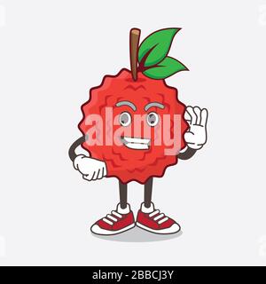 Une illustration du personnage de mascotte de dessin animé des fruits de Lychee avec un geste appelant Banque D'Images