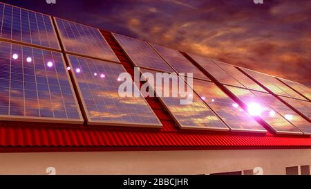 Panneaux solaires installés sur un toit, ciel coucher de soleil. Rendu tridimensionnel Banque D'Images