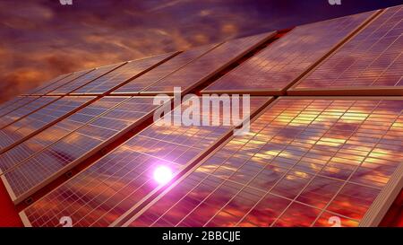 Panneaux solaires installés sur un toit, ciel coucher de soleil. Rendu tridimensionnel Banque D'Images