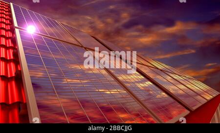 Panneaux solaires installés sur un toit, ciel coucher de soleil. Rendu tridimensionnel Banque D'Images