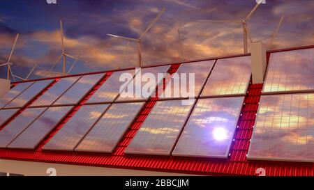 Panneaux solaires, éoliennes, ciel coucher de soleil. Rendu tridimensionnel Banque D'Images