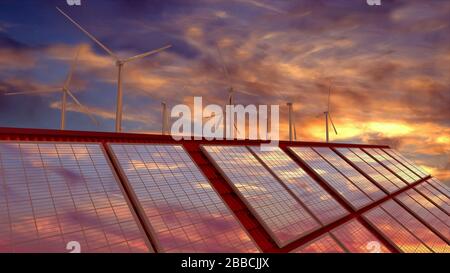 Panneaux solaires, éoliennes, ciel coucher de soleil. Rendu tridimensionnel Banque D'Images