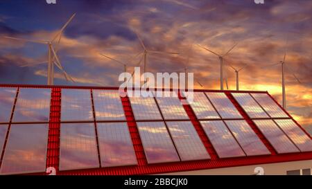 Panneaux solaires, éoliennes, ciel coucher de soleil. Rendu tridimensionnel Banque D'Images