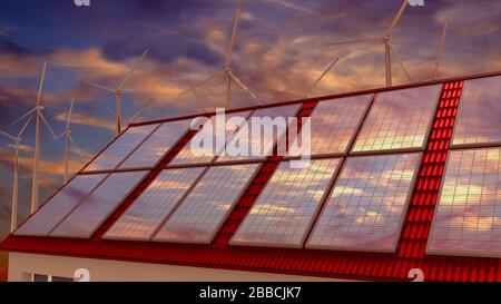 Panneaux solaires, éoliennes, ciel coucher de soleil. Rendu tridimensionnel Banque D'Images