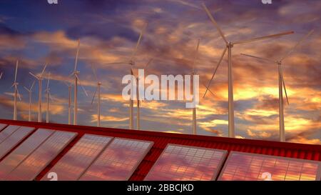 Panneaux solaires, éoliennes, ciel coucher de soleil. Rendu tridimensionnel Banque D'Images