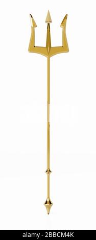 trident or isolé sur fond blanc. Illustration tridimensionnelle. Banque D'Images
