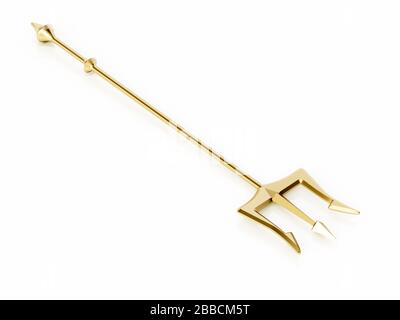 trident or isolé sur fond blanc. Illustration tridimensionnelle. Banque D'Images