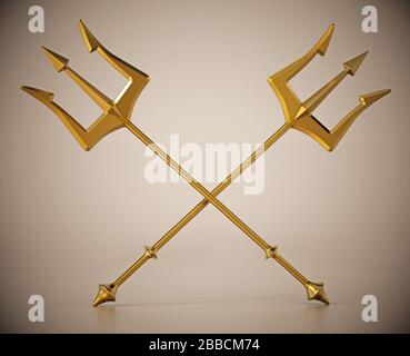 Tridents d'or croisées sur la surface réfléchissante. Illustration tridimensionnelle. Banque D'Images