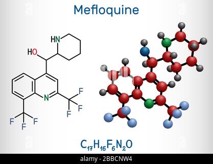 Méfloquine, molécule de médicament antipaludéen C17H16F6N2O. Il s'agit d'un médicament utilisé pour traiter le paludisme, la maladie du coronavirus COVID-19. Formule chimique structurelle Illustration de Vecteur