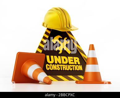 Panneau de signalisation en construction, casque et cône de circulation. Illustration tridimensionnelle. Banque D'Images
