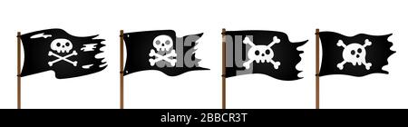 4 Pirate drapeau avec Jolly Rogeras crâne et croisant os conception plate illustration vectorielle collection isolée sur fond blanc. Illustration de Vecteur