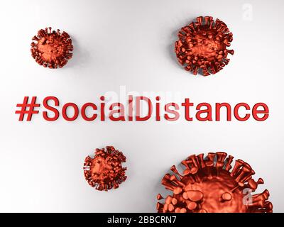 #socialdistance, # distance sociale, illustration du coronavirus, pandémie, rendu tridimensionnel, conceptuel, modèle, cellule Banque D'Images