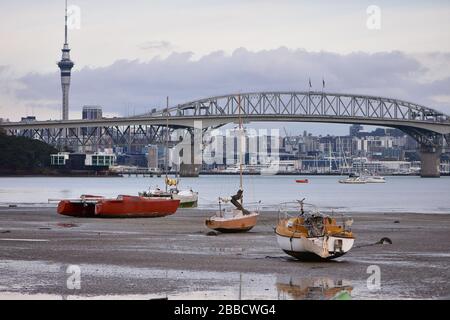 Voiliers assis sur fond boueux de Little Shoal Bay à marée basse avec vue sur Harbour Bridge et Auckland CBD en arrière-plan. Banque D'Images